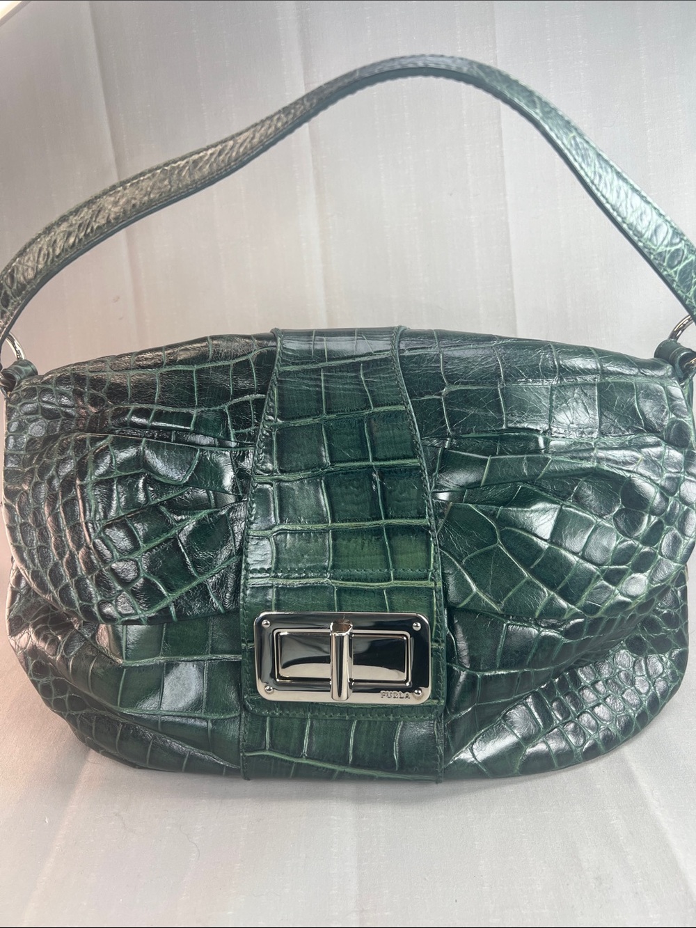 Furla, Hunter Green crocodile embossed  shoulder bag